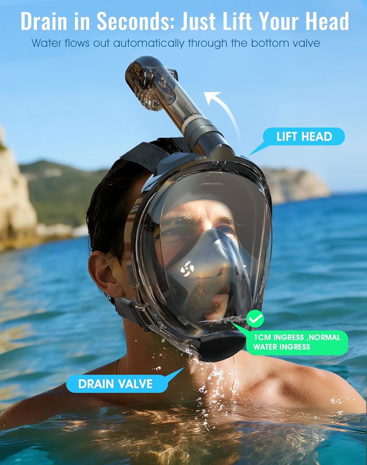 Color Grey Greatever G2 Full Face Snorkel Mask with Latest Dry Top System,Foldable 180 Degree Panoramic View Snorkeling Mask with Camera Mount,Safe Breathing,Anti-Leak&Anti-Fog